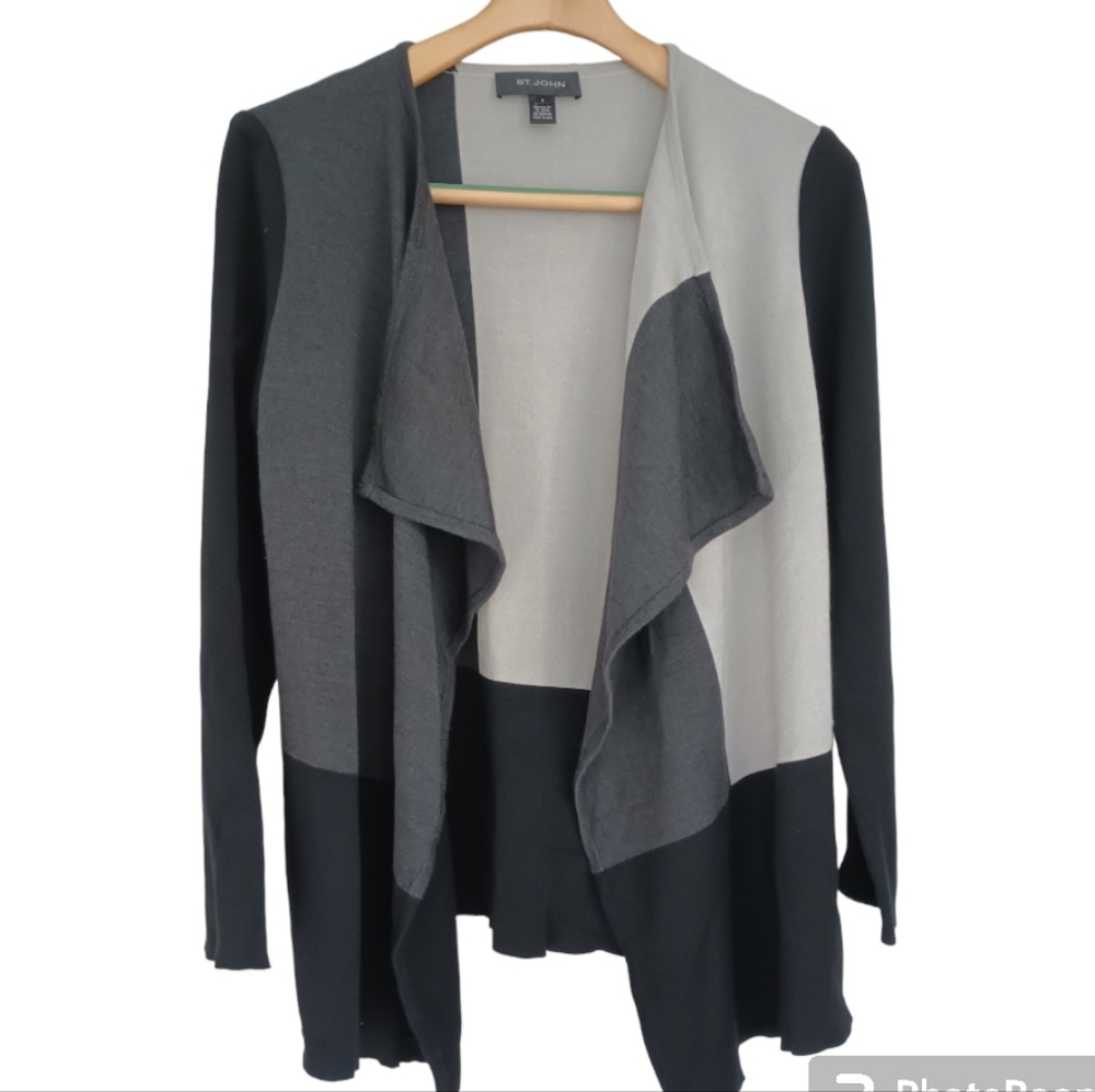 St. John Milano Knit Color Block Open Front Cardigan Size 8